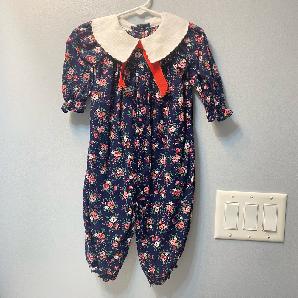 Vintage Carters Baby Navy Blue Floral Peter Pan Collared Romper 18 months